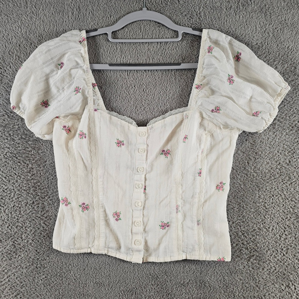 Pink Victoria Secret Floral Lace Puff Sleeve Smocked Top White XS